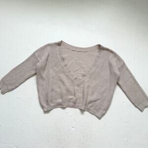 Beige Oversized V Neck Knit Sweater, Size Large XL